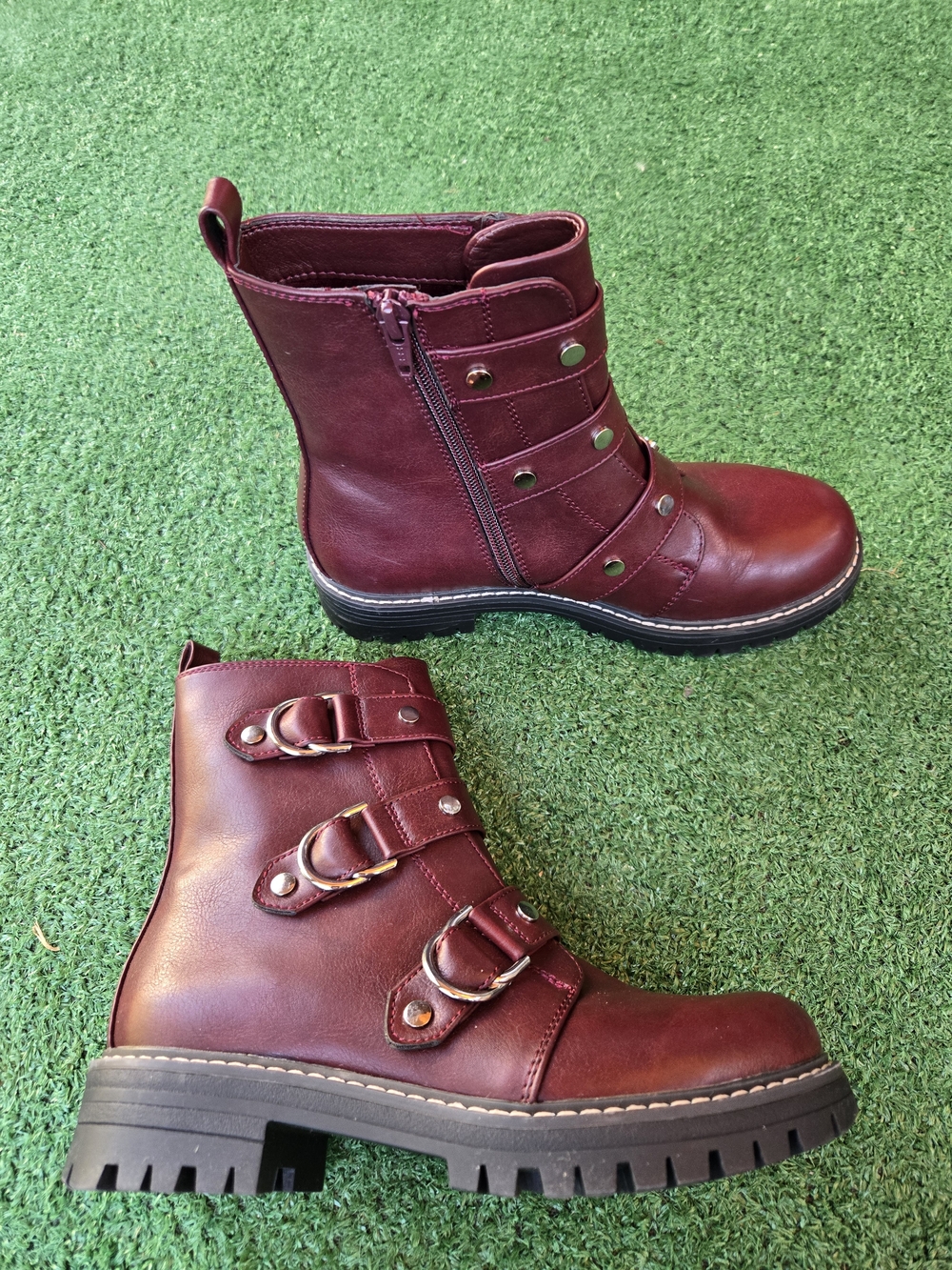 SO Cichlid Moto Combat Boots featuring a deep wine red color and silver hardware - Picture 3 of 7
